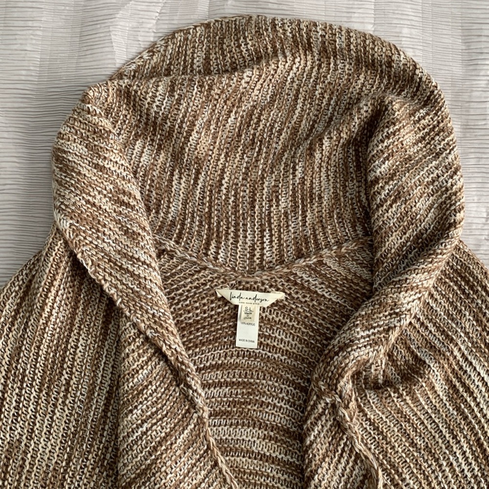 LINDA ANDERSON Women’s Tan/Ivory Fringe Sweater Knit Kimono‎ Oversized S-L - Picture 4 of 15